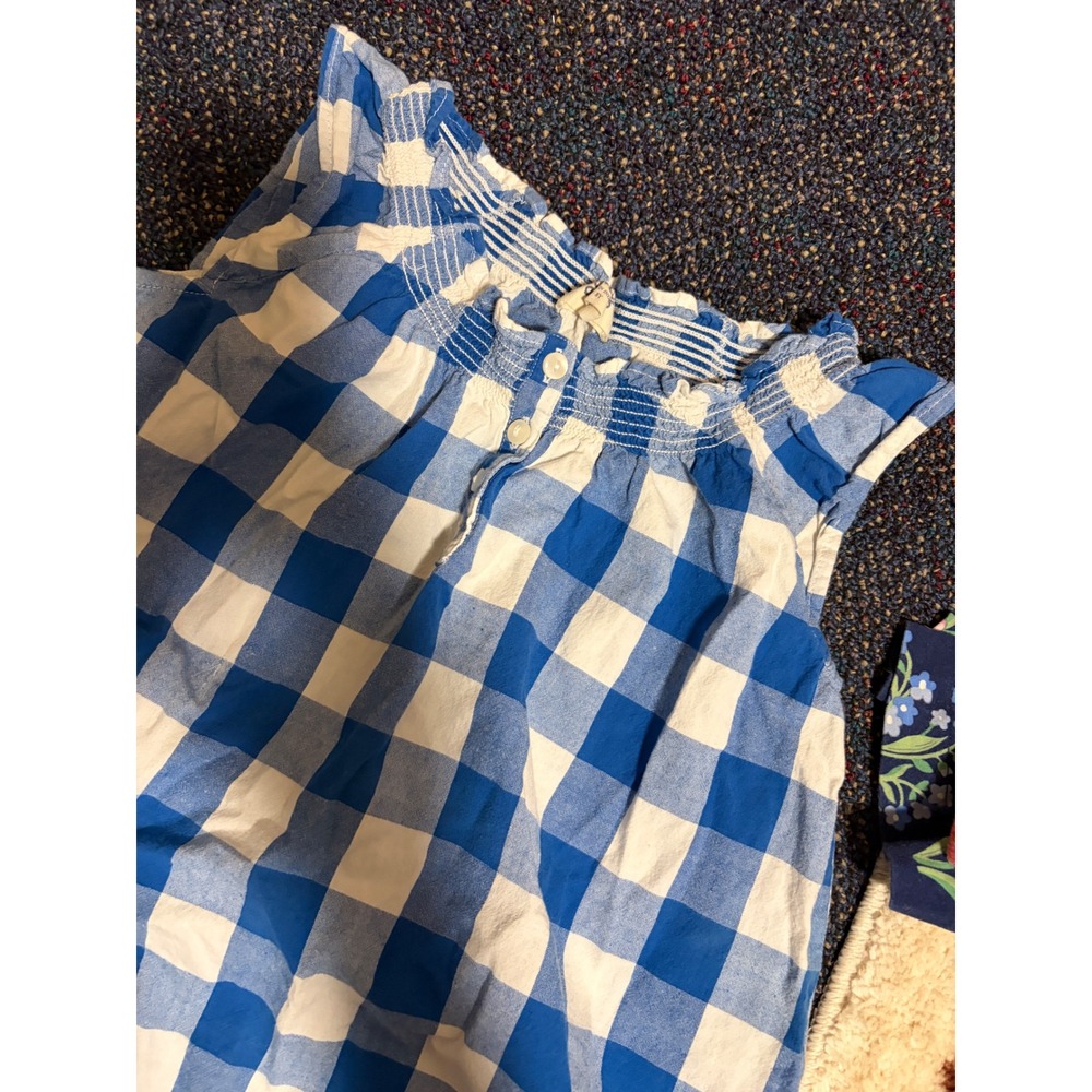 Mini Boden Girls Blue White Gingham Smocked Sleeveless Top Size 7-8Y